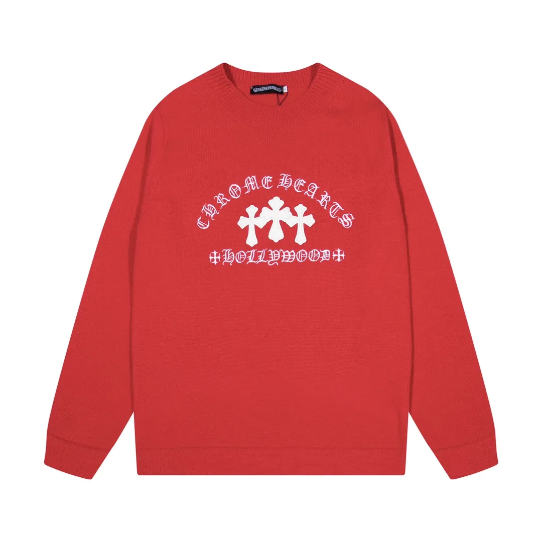 P320 Chrome Hearts Chrome Hearts Cross Leather Hardware Embroidered Crew Neck Sweater Color: Red Brown Black Size: S M L XL XXL